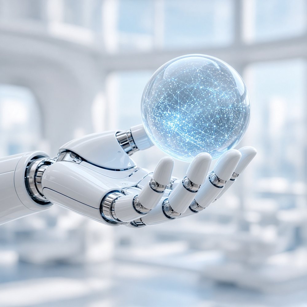 Robotic hand holding a luminous data sphere